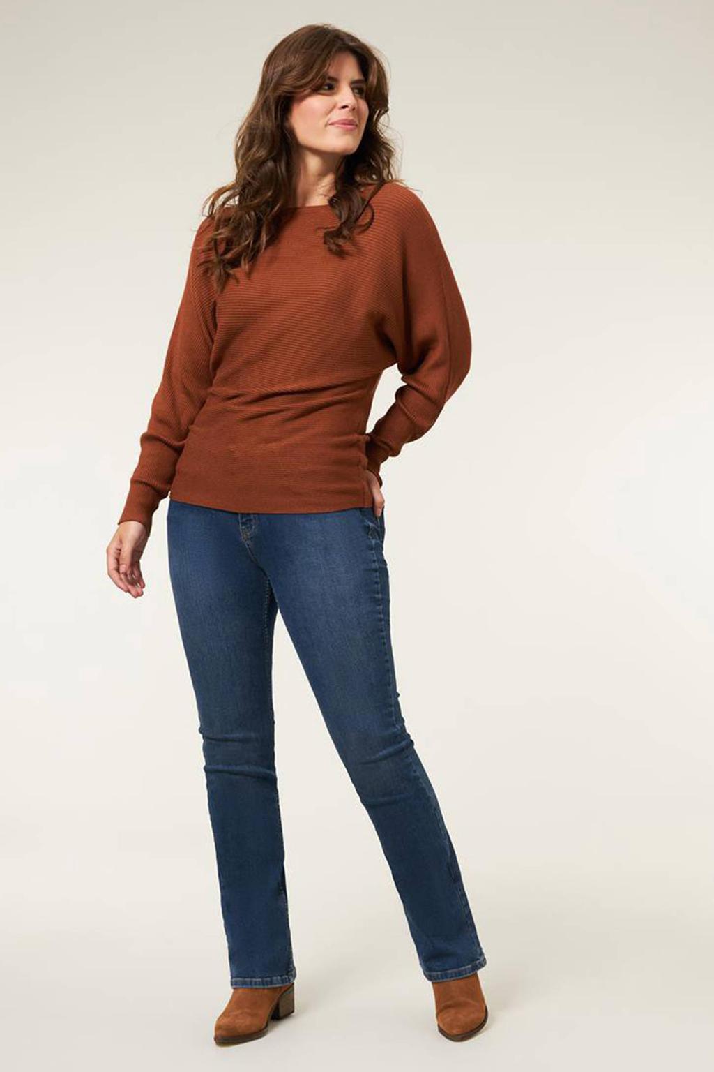 Bruine dames Miss Etam trui Letizia rib sweater van viscose met effen, lange mouwen en ronde hals