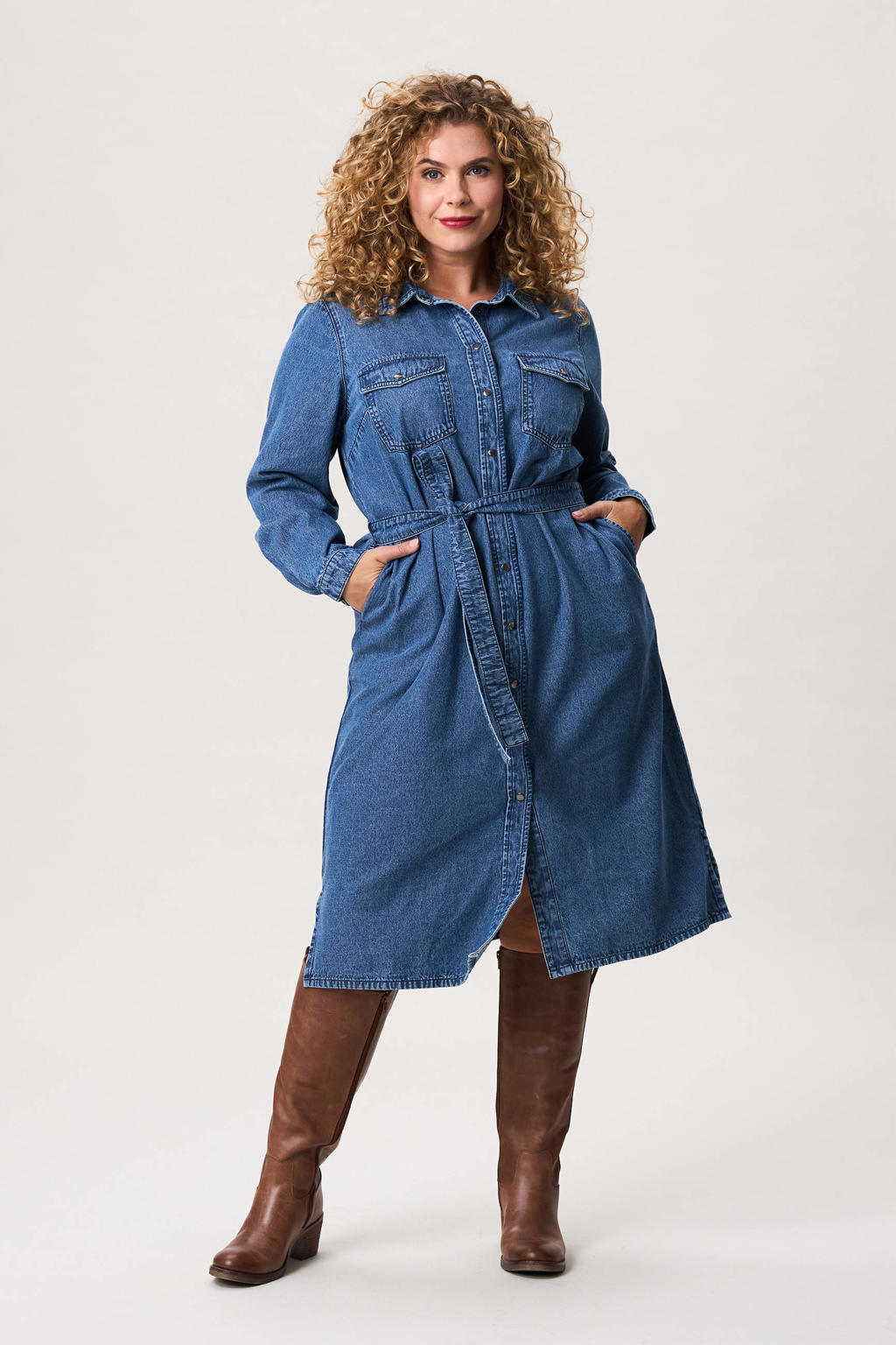 Miss Etam Plus spijker blousejurk Dunya met ceintuur medium blue denim
