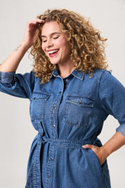 thumbnail: Miss Etam Plus spijker blousejurk Dunya met ceintuur medium blue denim