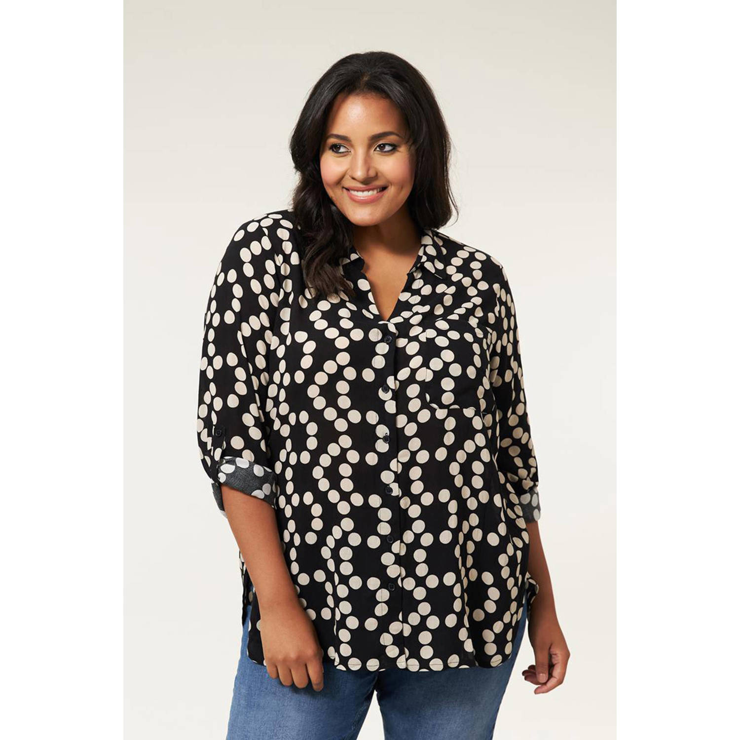 Miss Etam Plus blouse Liv Blouse PL met stippen zwart wit