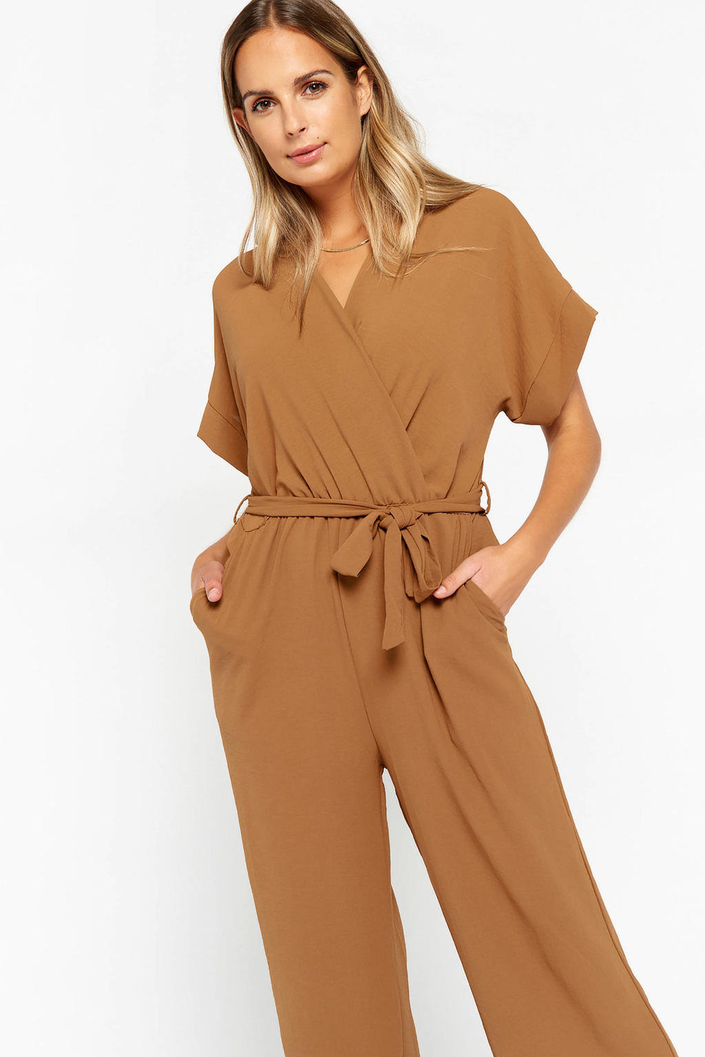 MANGOPOP Women's Modal V-Neck Short Sleeve Bodysuit - Folded Over Sleeve, Snap Closure (Small, Camel)