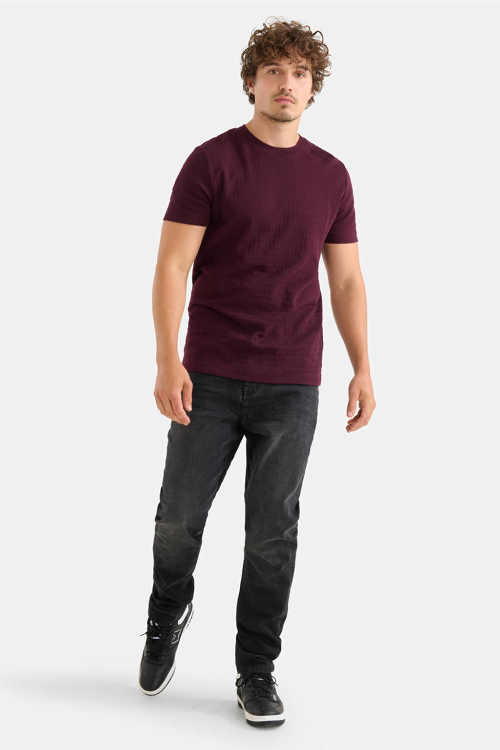 Paarse heren Shoeby T-shirt van katoen met korte mouwen, ronde hals en textuur