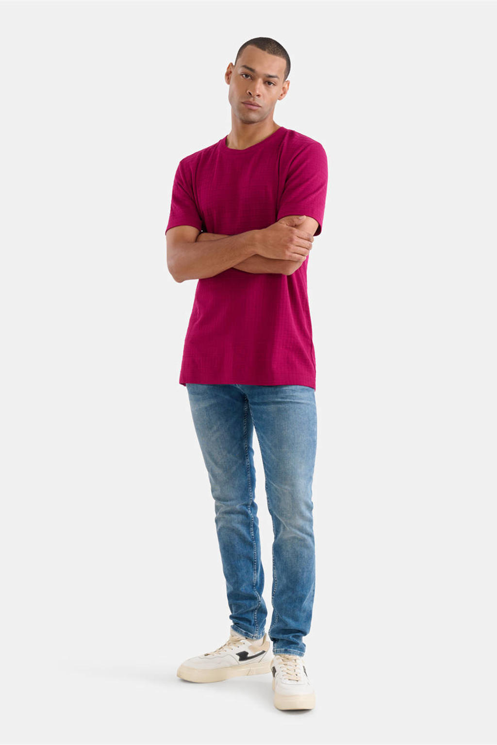 Paarse heren Shoeby T-shirt van katoen met korte mouwen, ronde hals en textuur