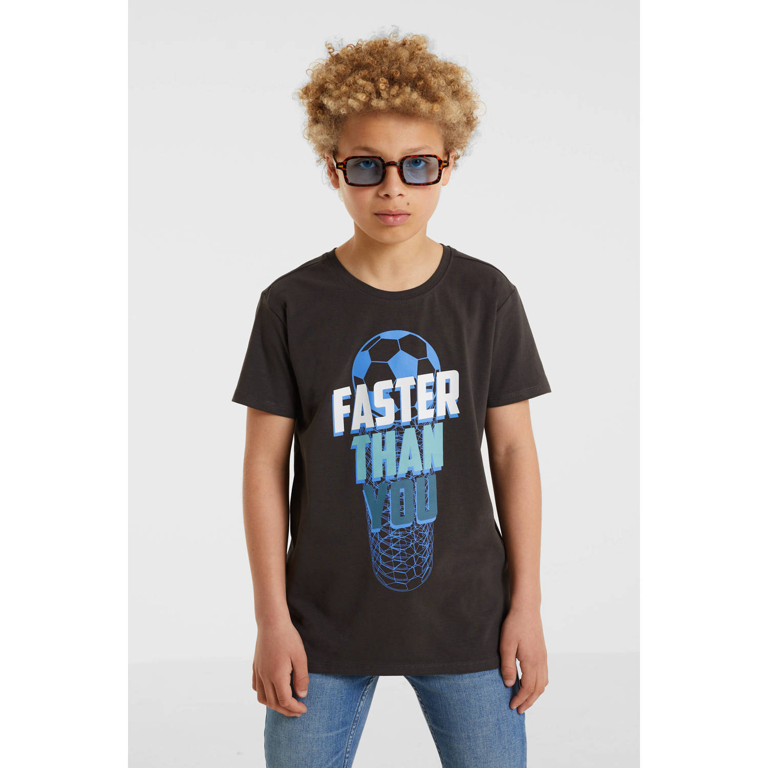 Anytime T-shirt met tekstopdruk donkergrijs Jongens Katoen Ronde hals Tekst 134 140