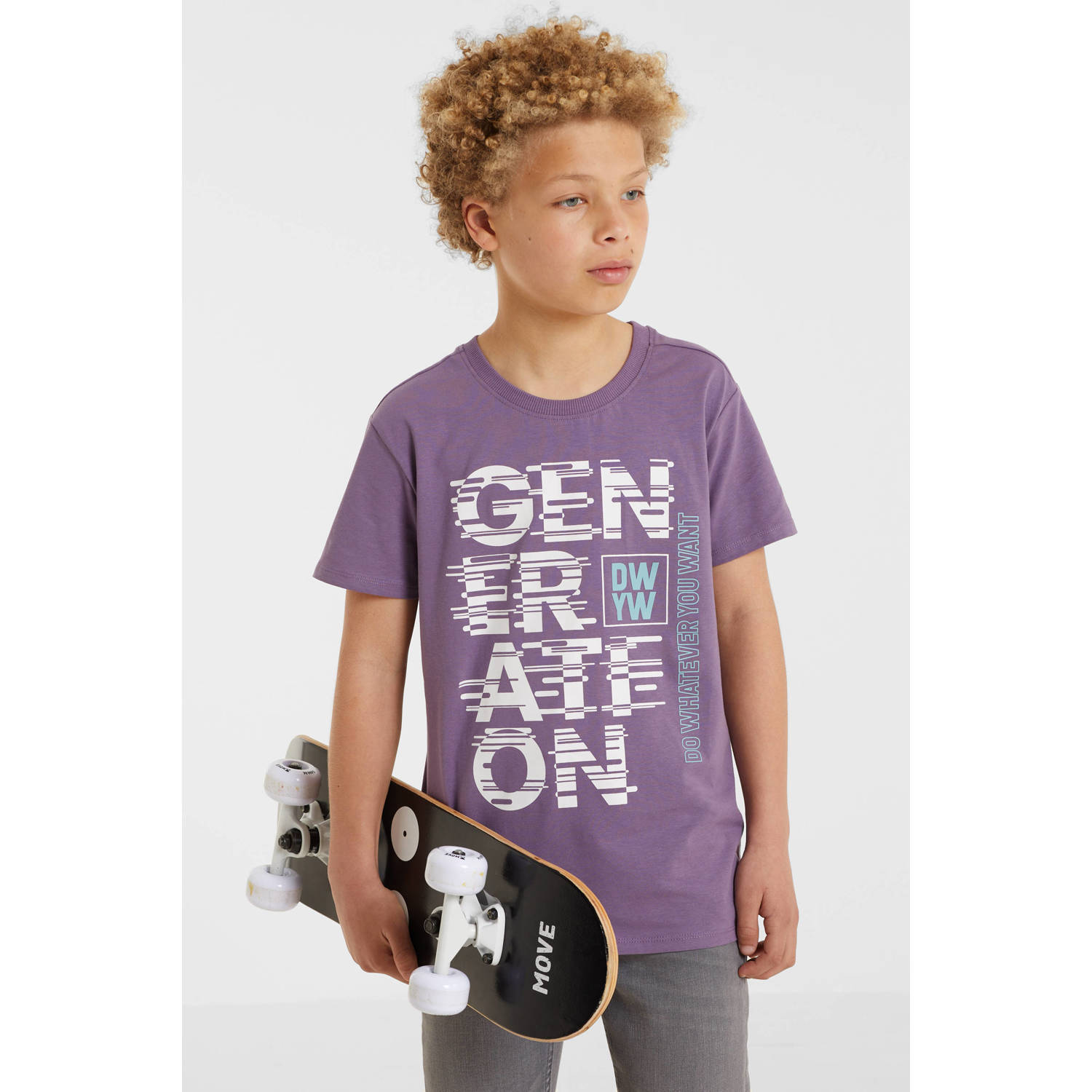 Anytime T-shirt met tekstopdruk paars Jongens Katoen Ronde hals Tekst 110 116