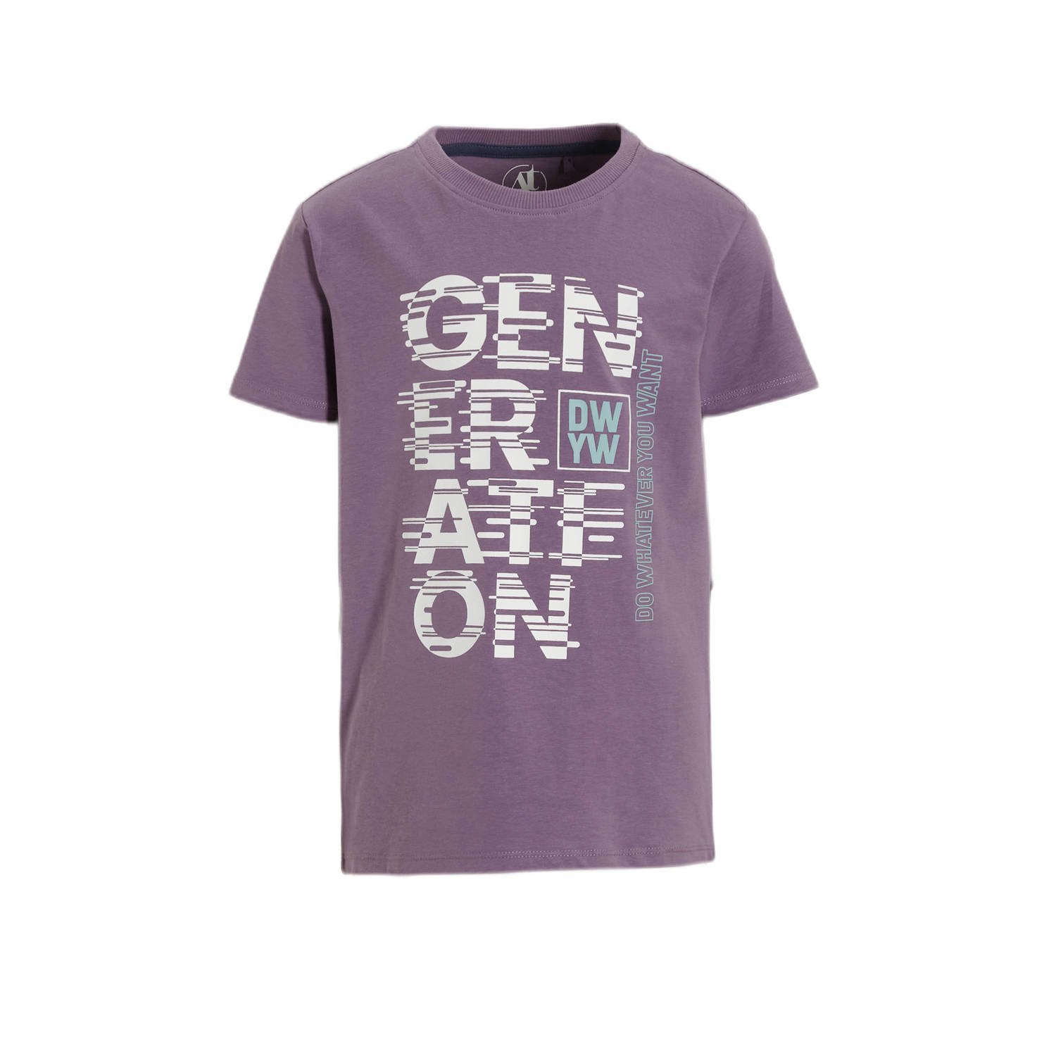 Anytime T-shirt met tekstopdruk paars Jongens Katoen Ronde hals Tekst 110 116