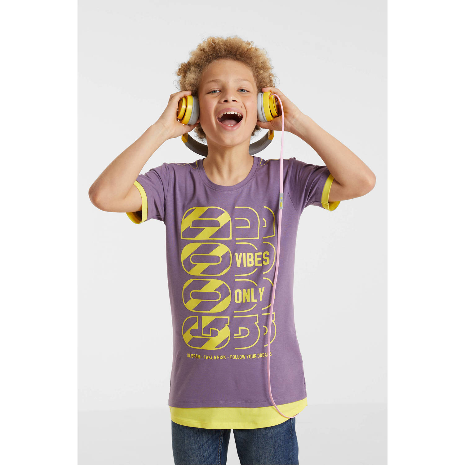 Anytime T-shirt met tekstopdruk paars Jongens Katoen Ronde hals Tekst 110 116
