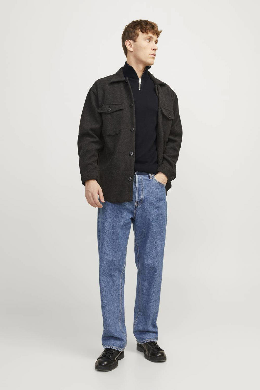 Zwarte heren JACK & JONES ESSENTIALS pullover gebreid van katoen met effen, lange mouwen, opstaande kraag en halve rits