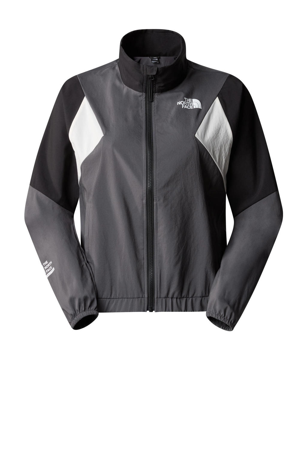 Antraciet en witte dames The North Face wind jack van polyester met meerkleurige print, lange mouwen, capuchon en ritssluiting