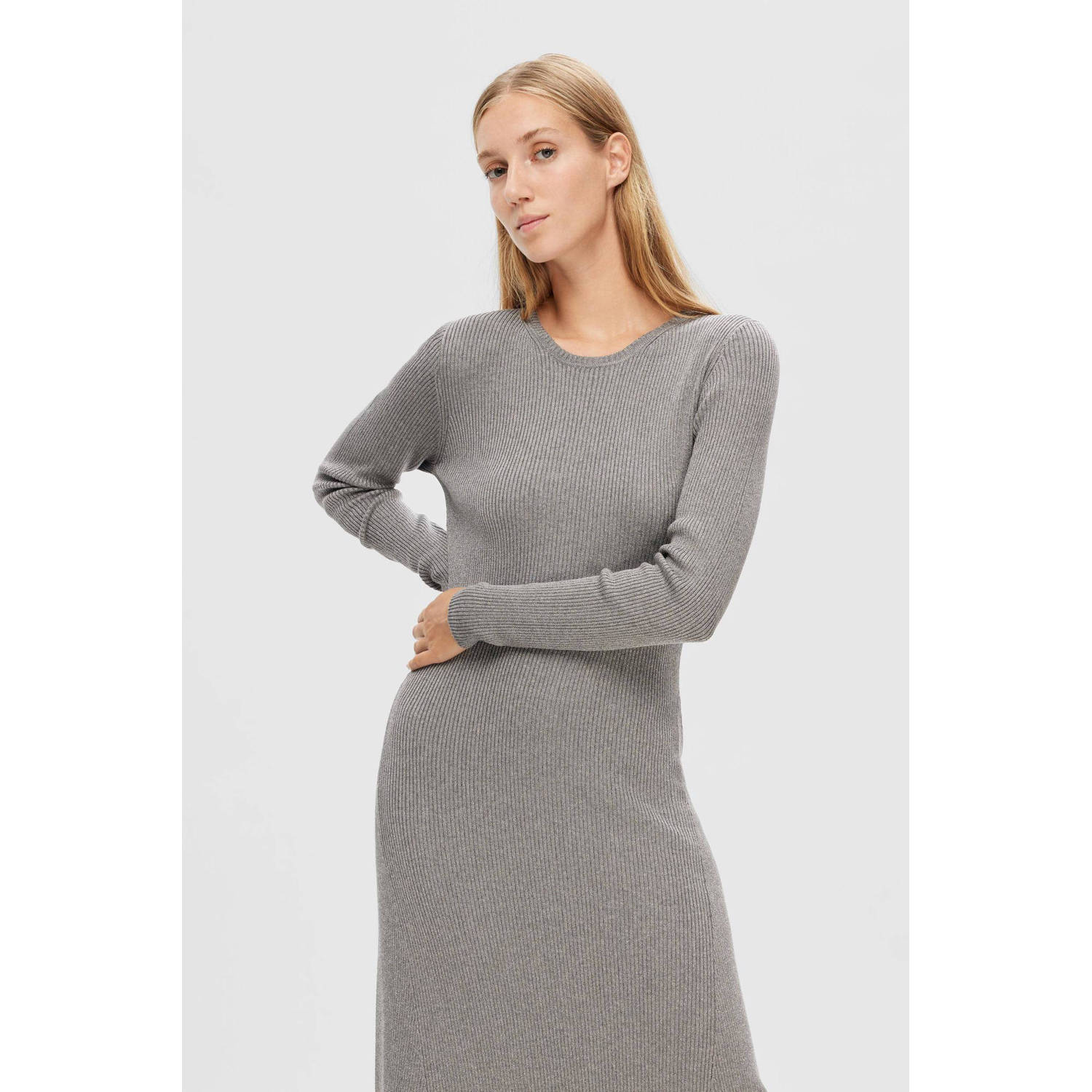 SELECTED FEMME ribgebreide jurk SLFLURA grijs