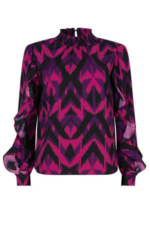 semi-transparante blousetop met all over print en ruches roze/paars/zwart