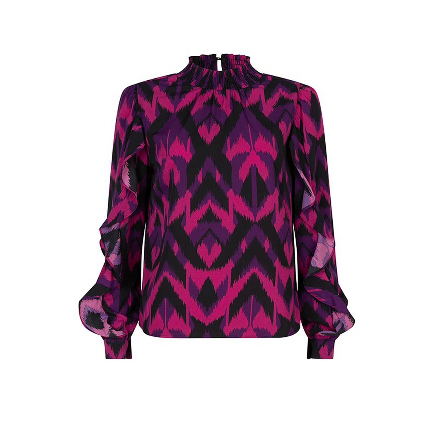 Lofty Manner semi-transparante blousetop met all over print en ruches roze paars zwart