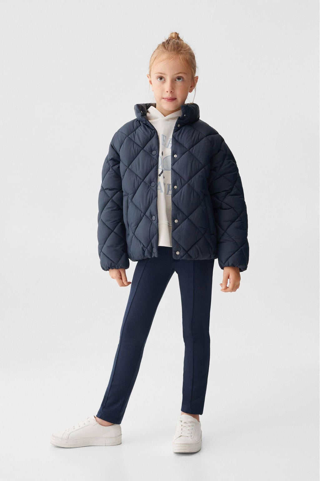 Blauwe meisjes Mango Kids gewatteerde jas van polyester met lange mouwen, opstaande kraag en drukknoopsluiting