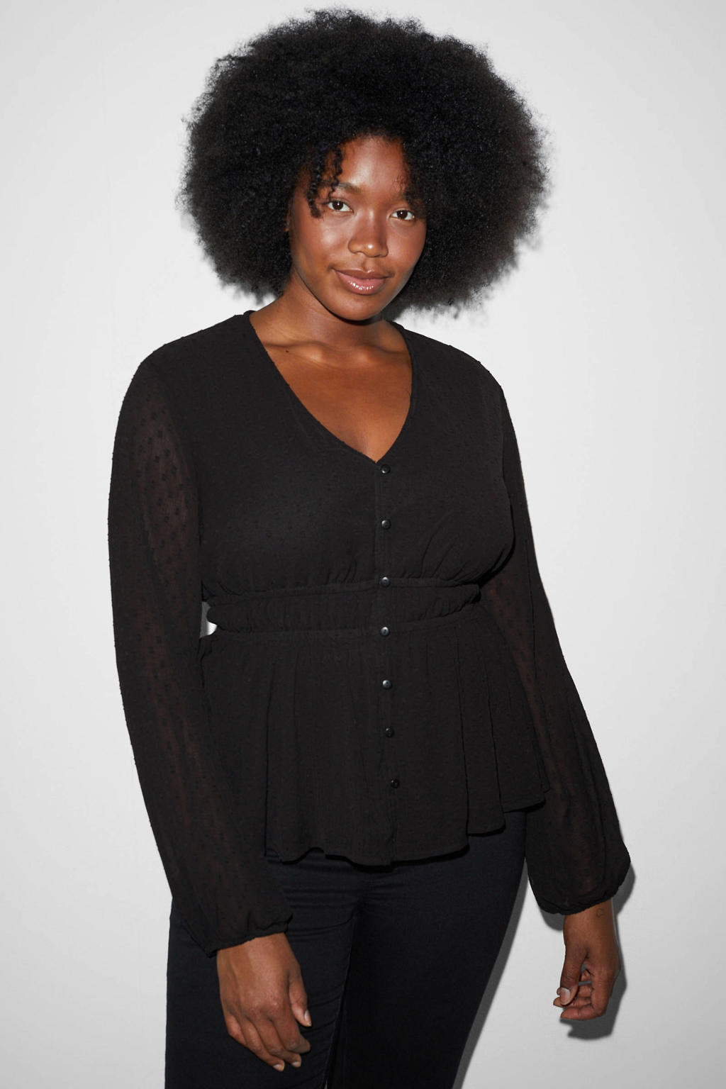Zwarte dames C&A XL Clockhouse peplum blouse van polyester met lange mouwen, V-hals en knoopsluiting