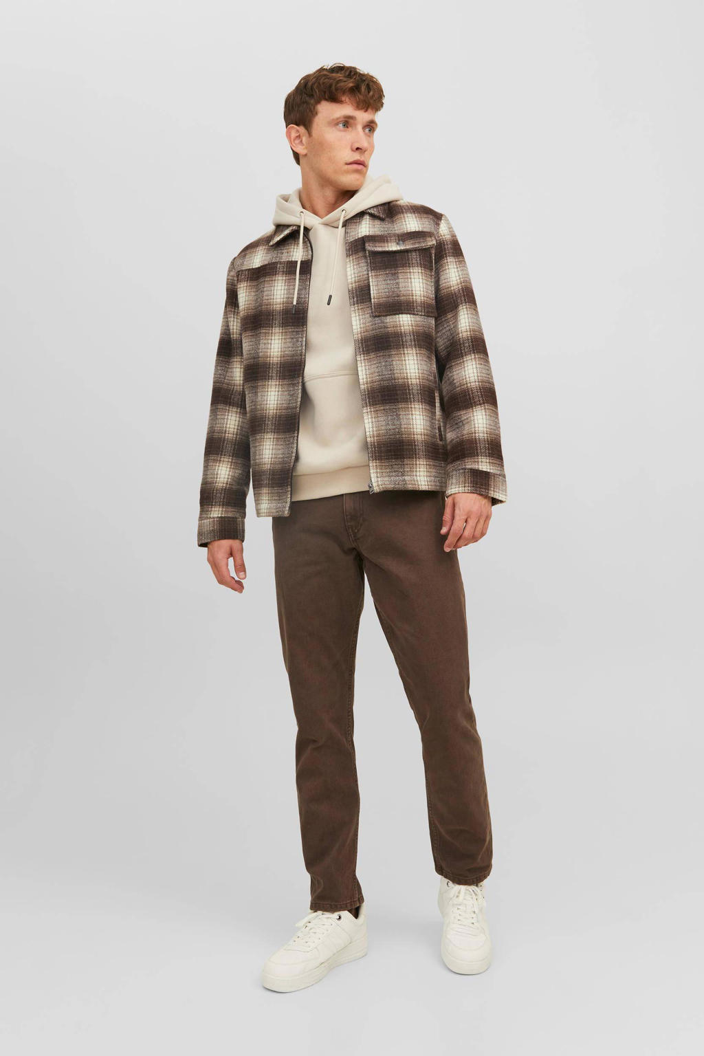 Bruine heren JACK & JONES geruite jas van polyester met lange mouwen, klassieke kraag en ritssluiting