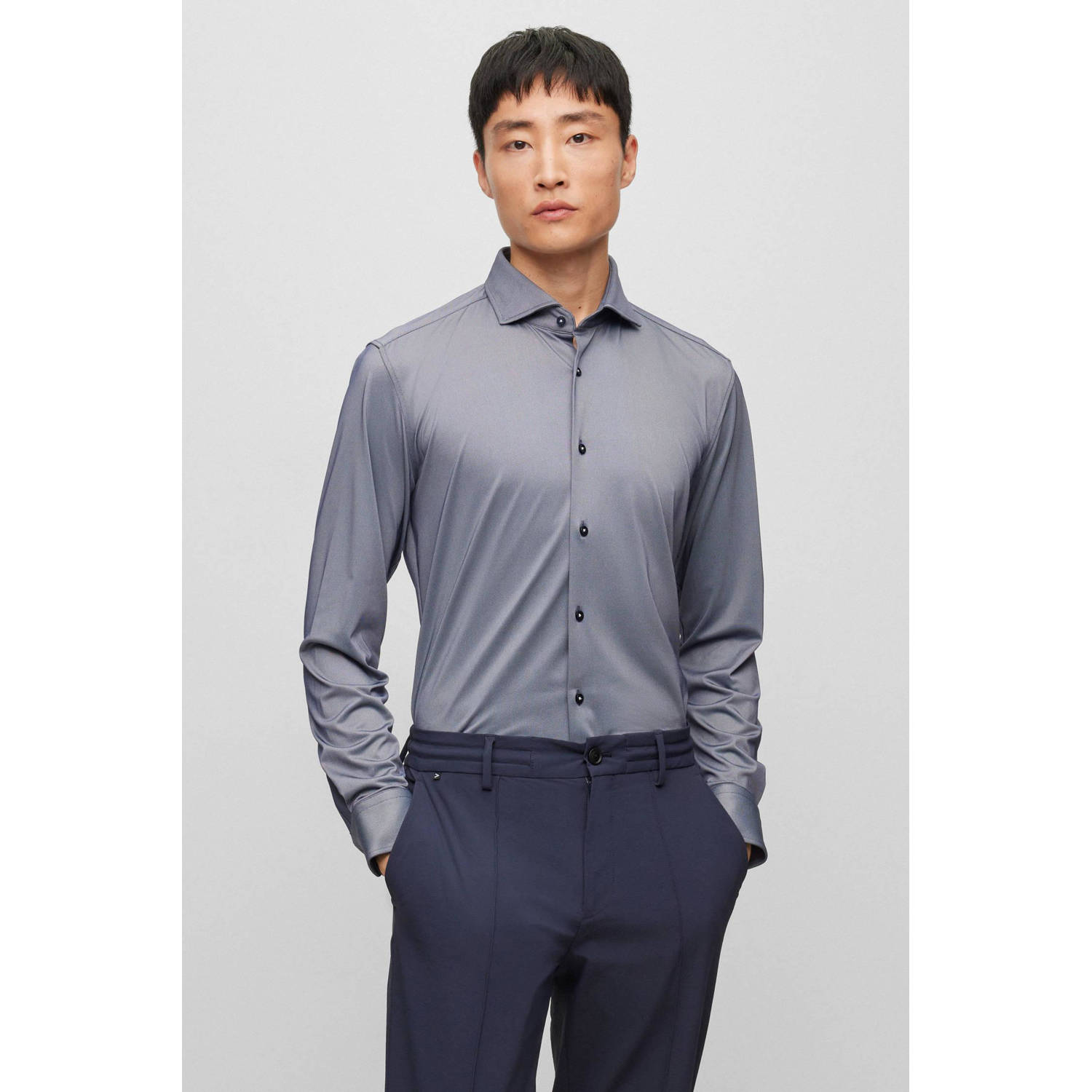 BOSS slim fit overhemd P-HANK open blue