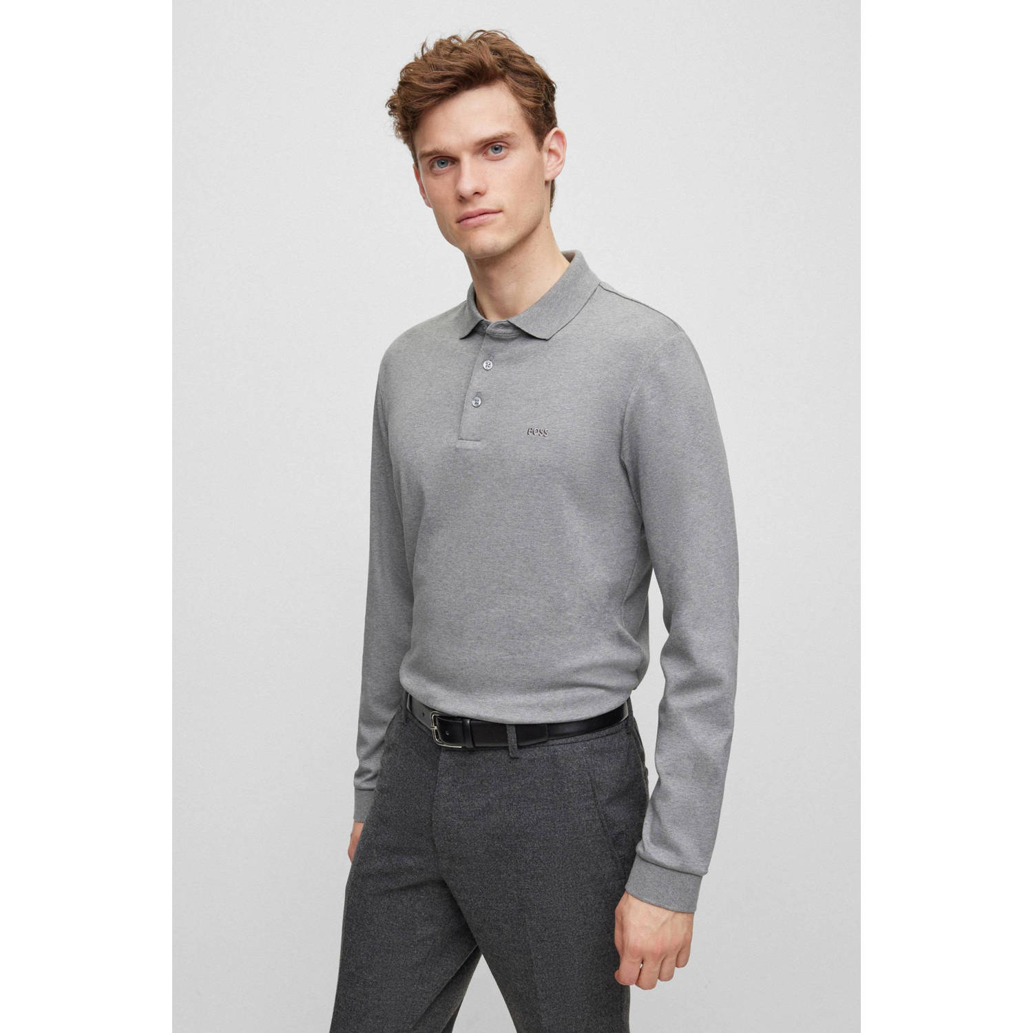 Boss Organisch Katoenen Longsleeve met Platte Gebreide Kraag Gray Heren