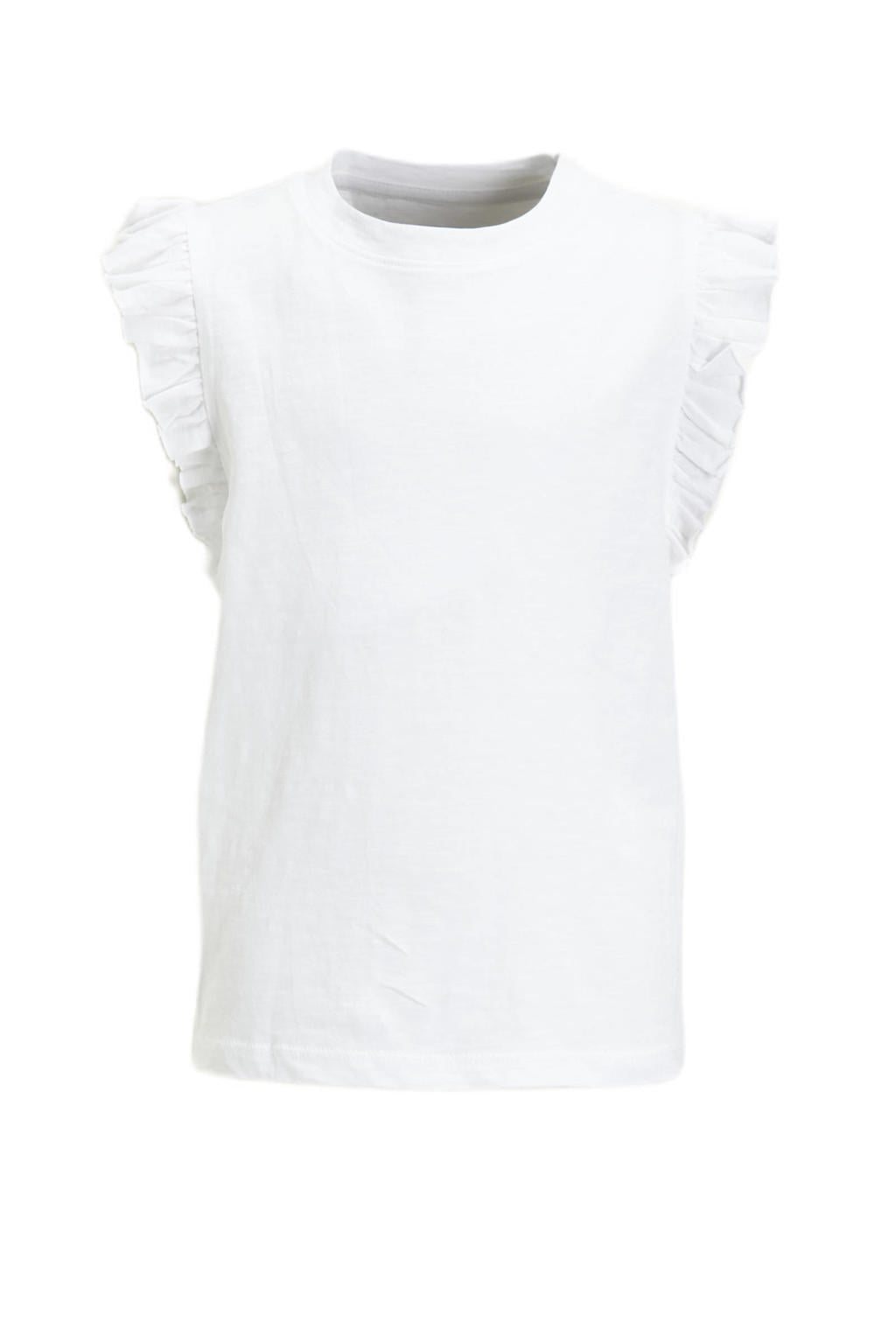 Witte meisjes Anytime T-shirt van katoen met effen, korte mouwen, ronde hals en ruches