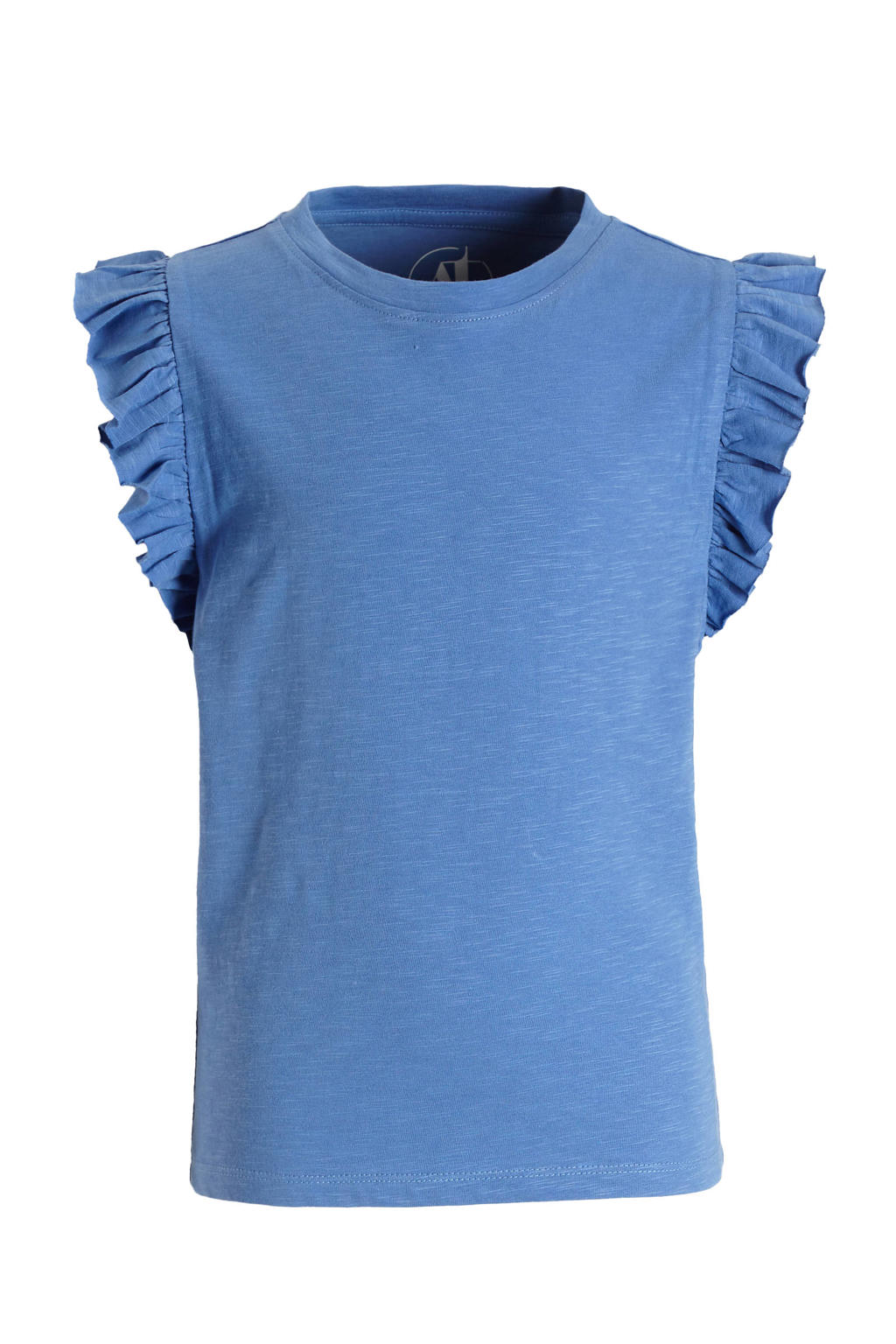 Blauwe meisjes Anytime T-shirt van katoen met effen, korte mouwen, ronde hals en ruches