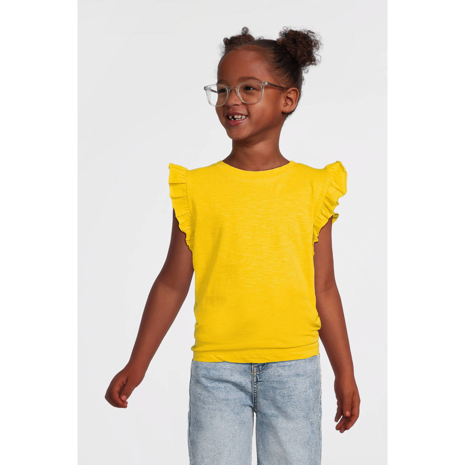 Anytime T-shirt met ruffle geel Meisjes Katoen Ronde hals Effen 158 164