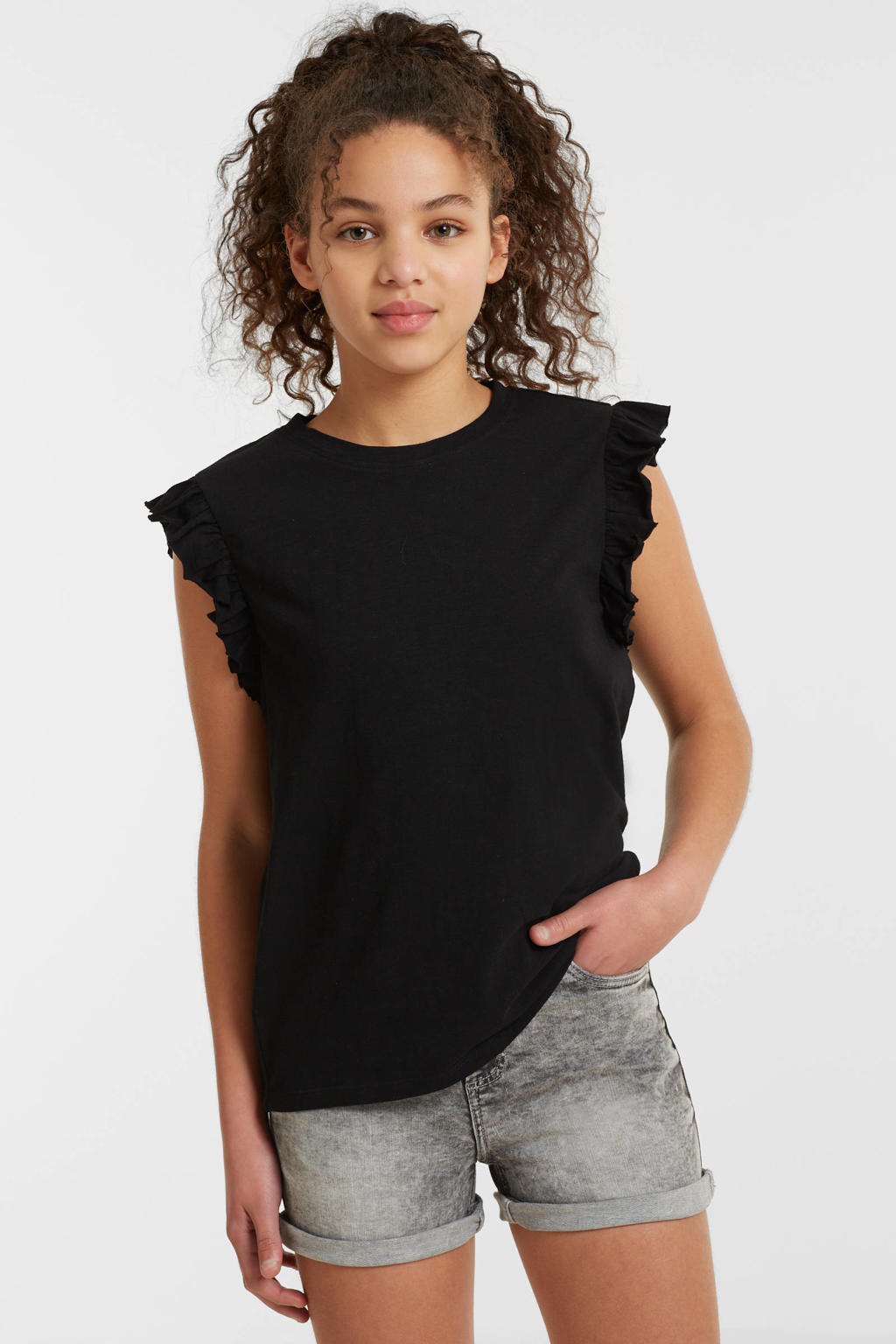 Zwarte meisjes Anytime T-shirt van katoen met effen, korte mouwen, ronde hals en ruches