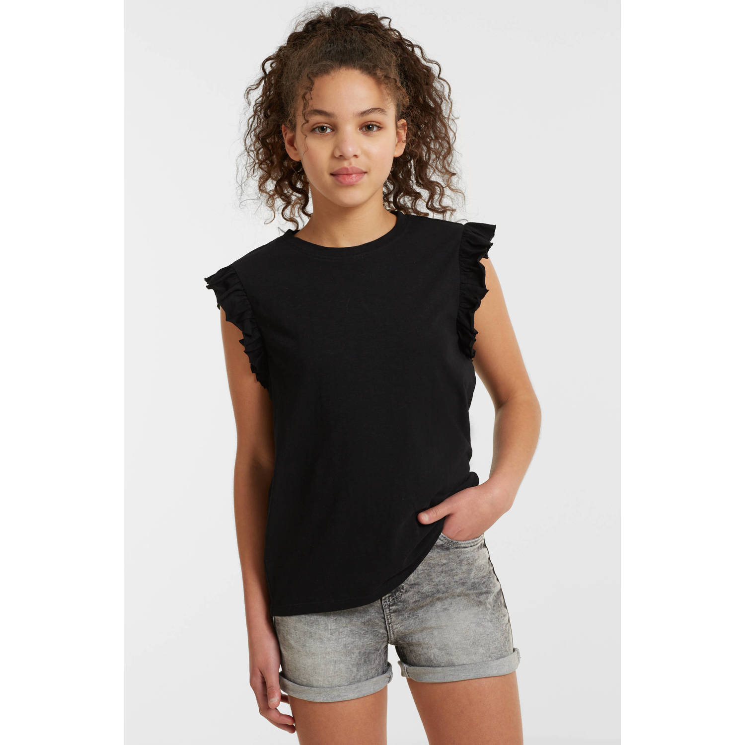 Anytime T-shirt met ruffle zwart Meisjes Katoen Ronde hals Effen 110 116