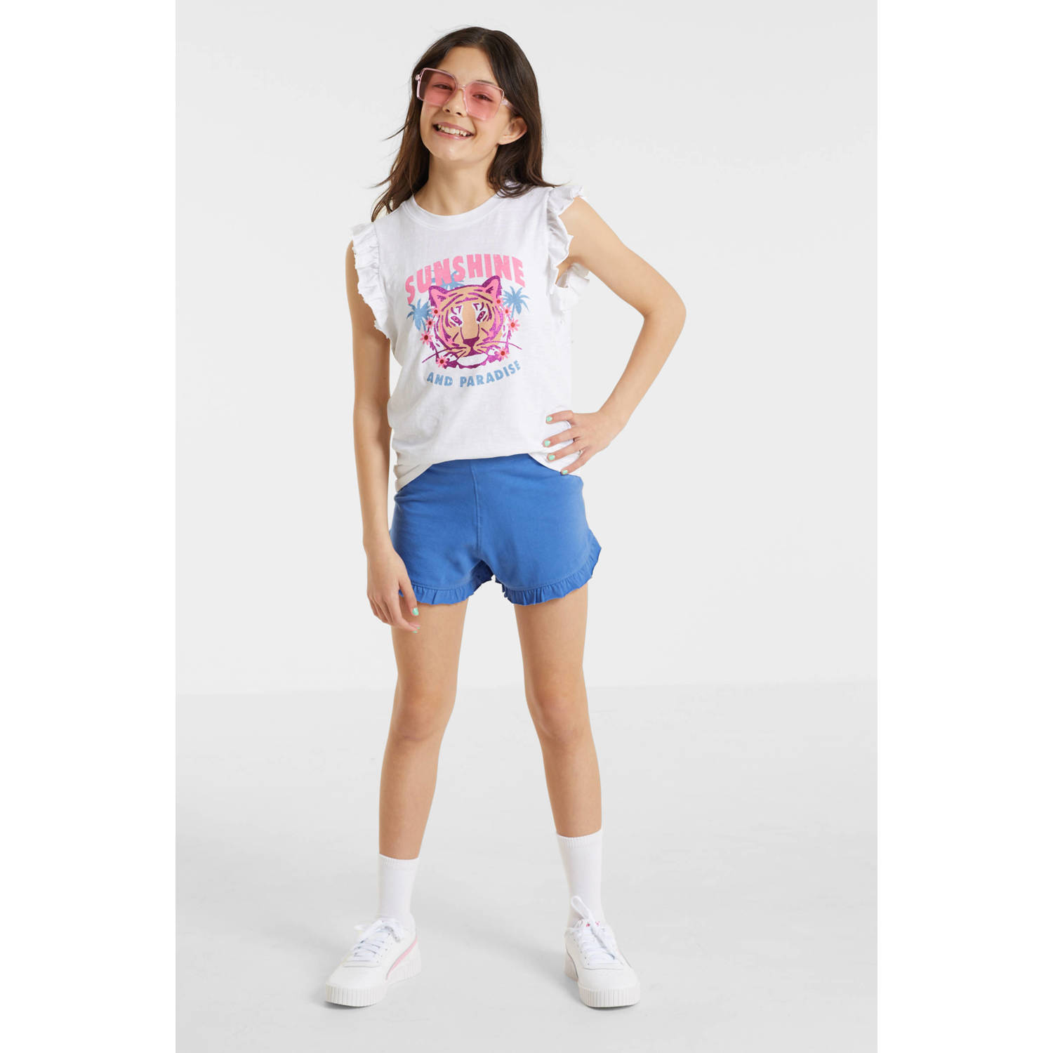 Anytime T-shirt met ruffle print wit Meisjes Katoen Ronde hals Printopdruk 122 128