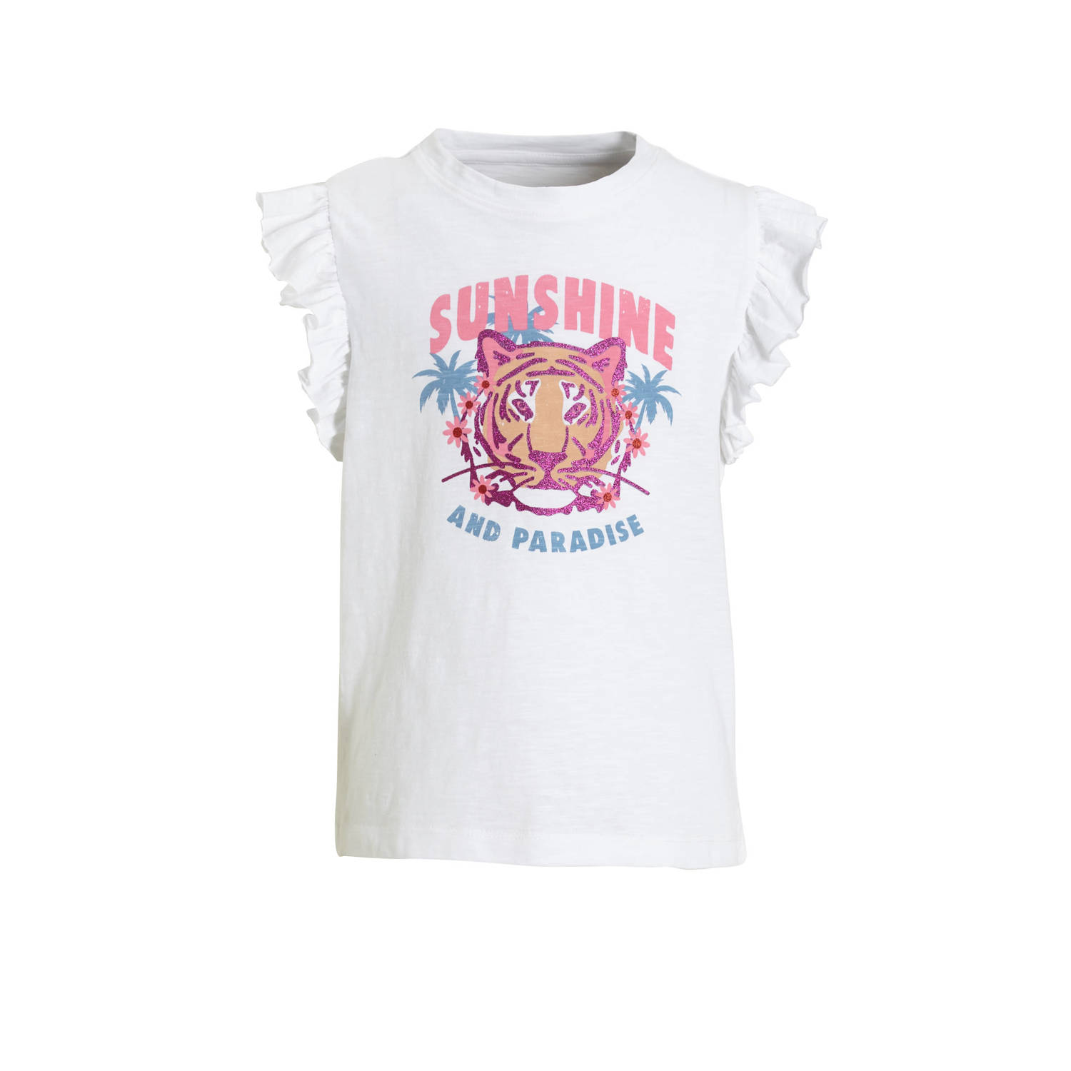 Anytime T-shirt met ruffle print wit Meisjes Katoen Ronde hals Printopdruk 146 152