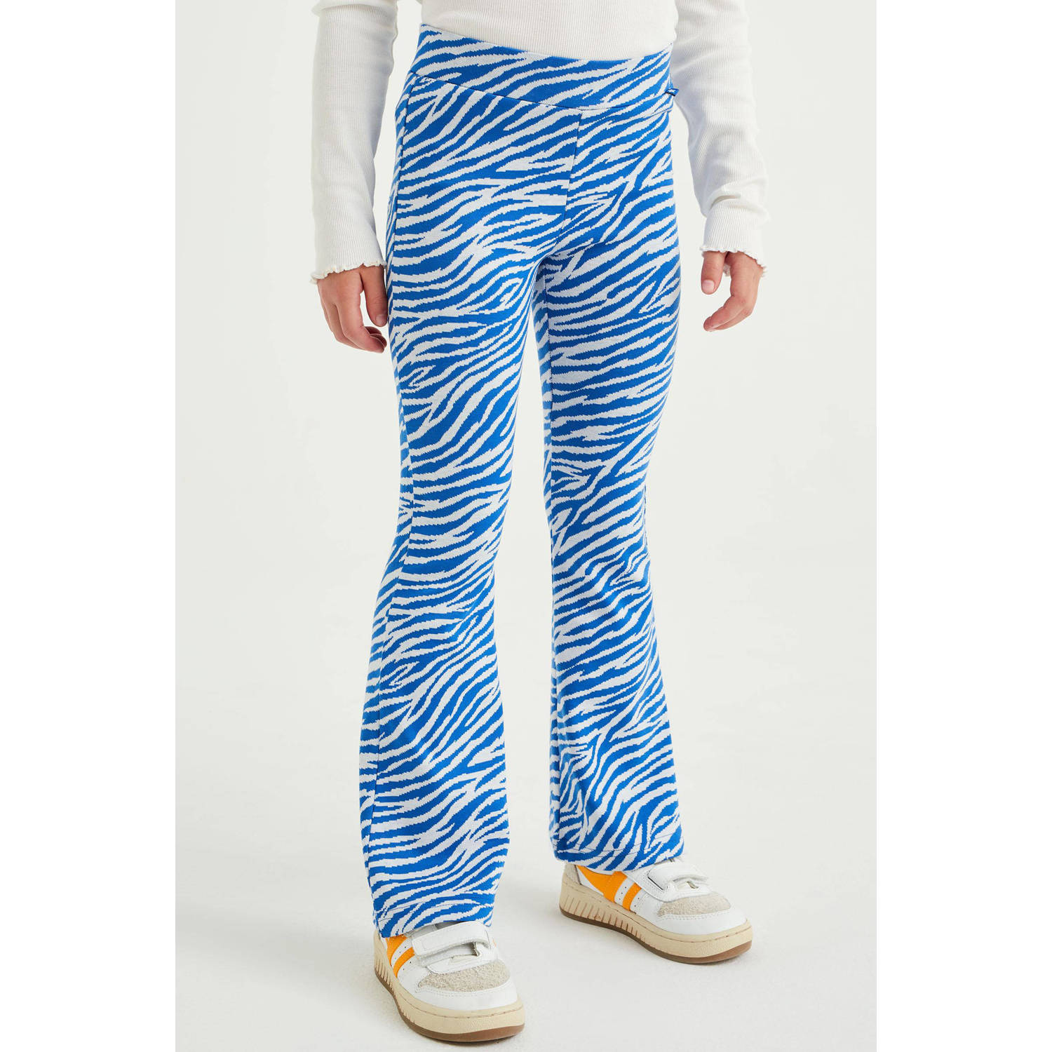 WE Fashion flared broek van gerecycled polyester blauw wit Meisjes Gerecycled polyester (duurzaam) 158