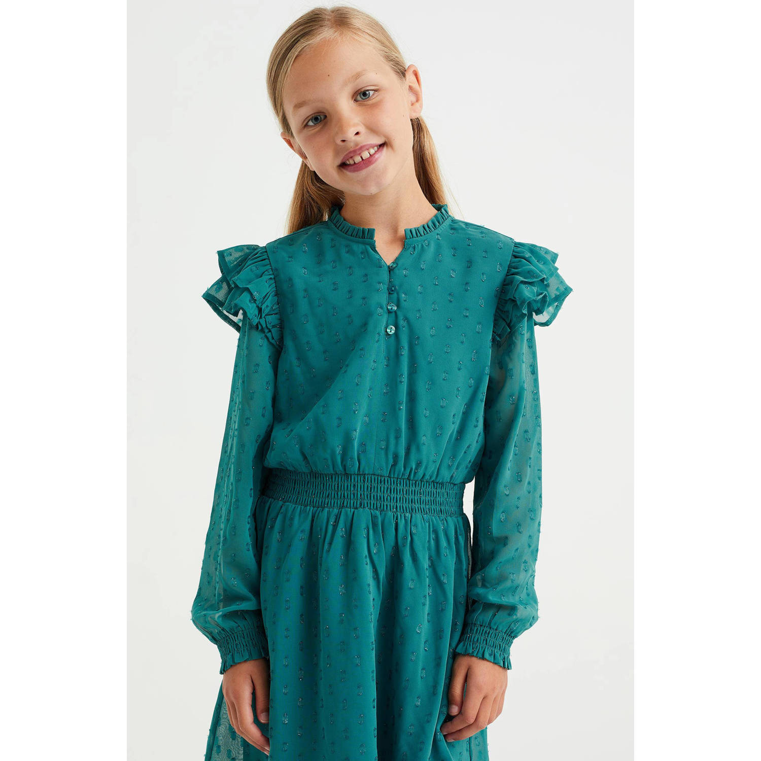 WE Fashion semi-transparante jurk van gerecycled polyester groen Meisjes Gerecycled polyester (duurzaam) Ronde hals 110 116