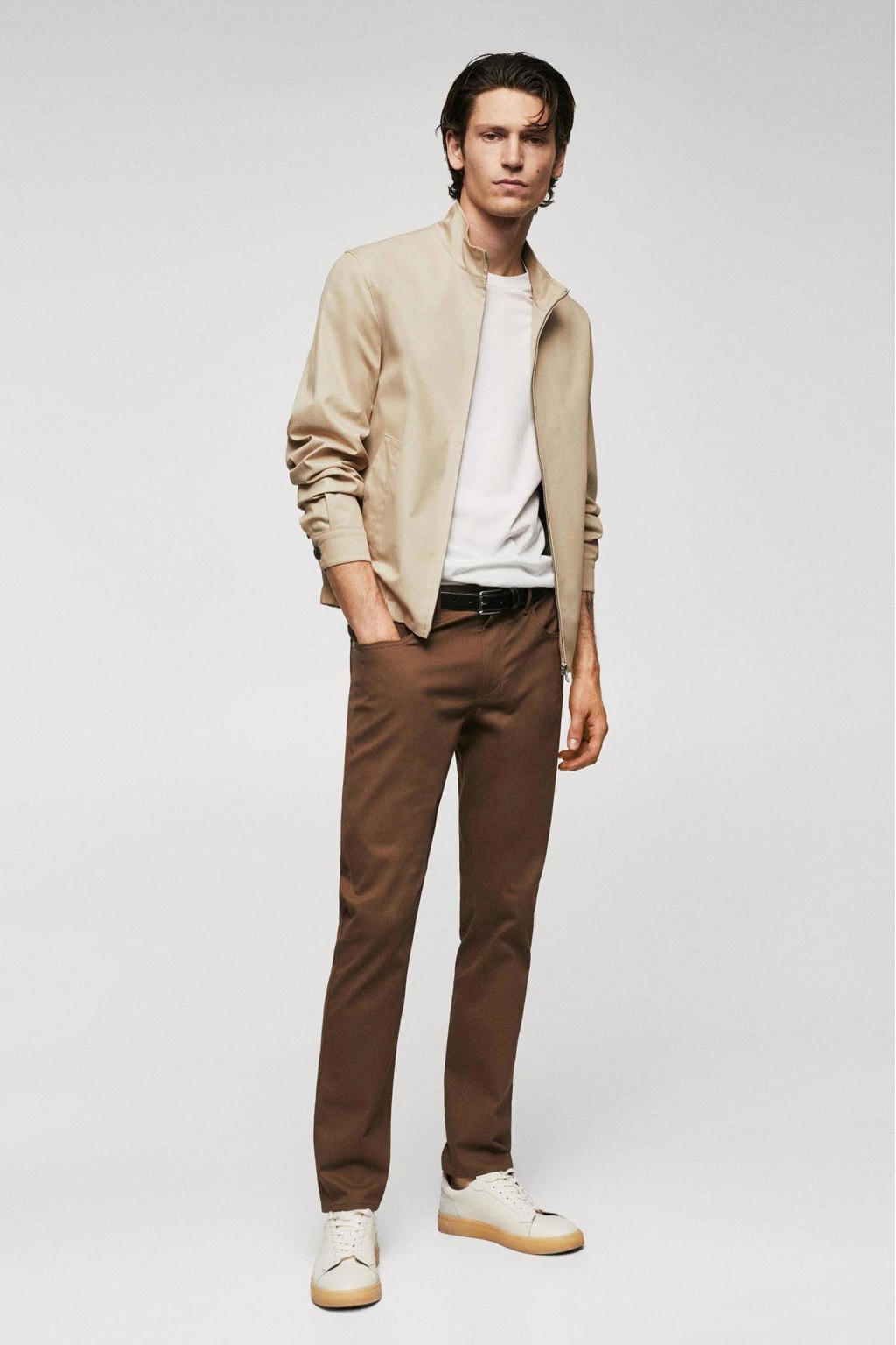 Beige heren Mango Man bomberjack van polyester met lange mouwen, opstaande kraag en ritssluiting