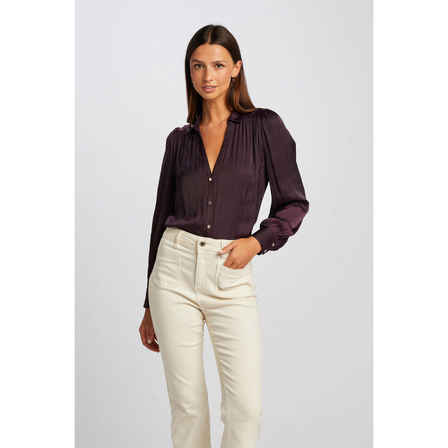 Morgan satijnen blouse met plooien aubergine