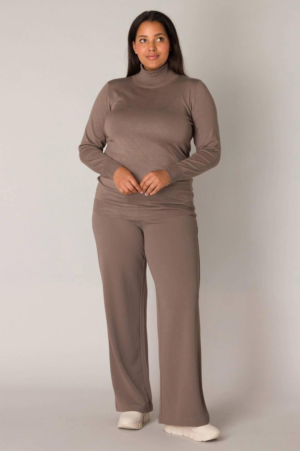 Taupe dames Base Level Curvy wide leg broek Arah van polyester met regular waist en elastische tailleband