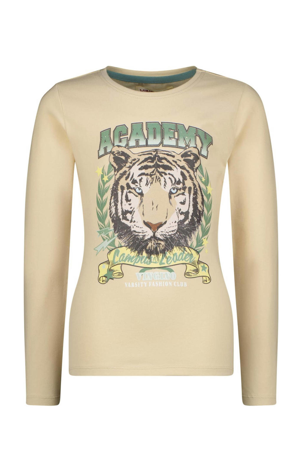 Zandkleurige meisjes Vingino longsleeve Joliene van stretchkatoen met printopdruk, lange mouwen en ronde hals