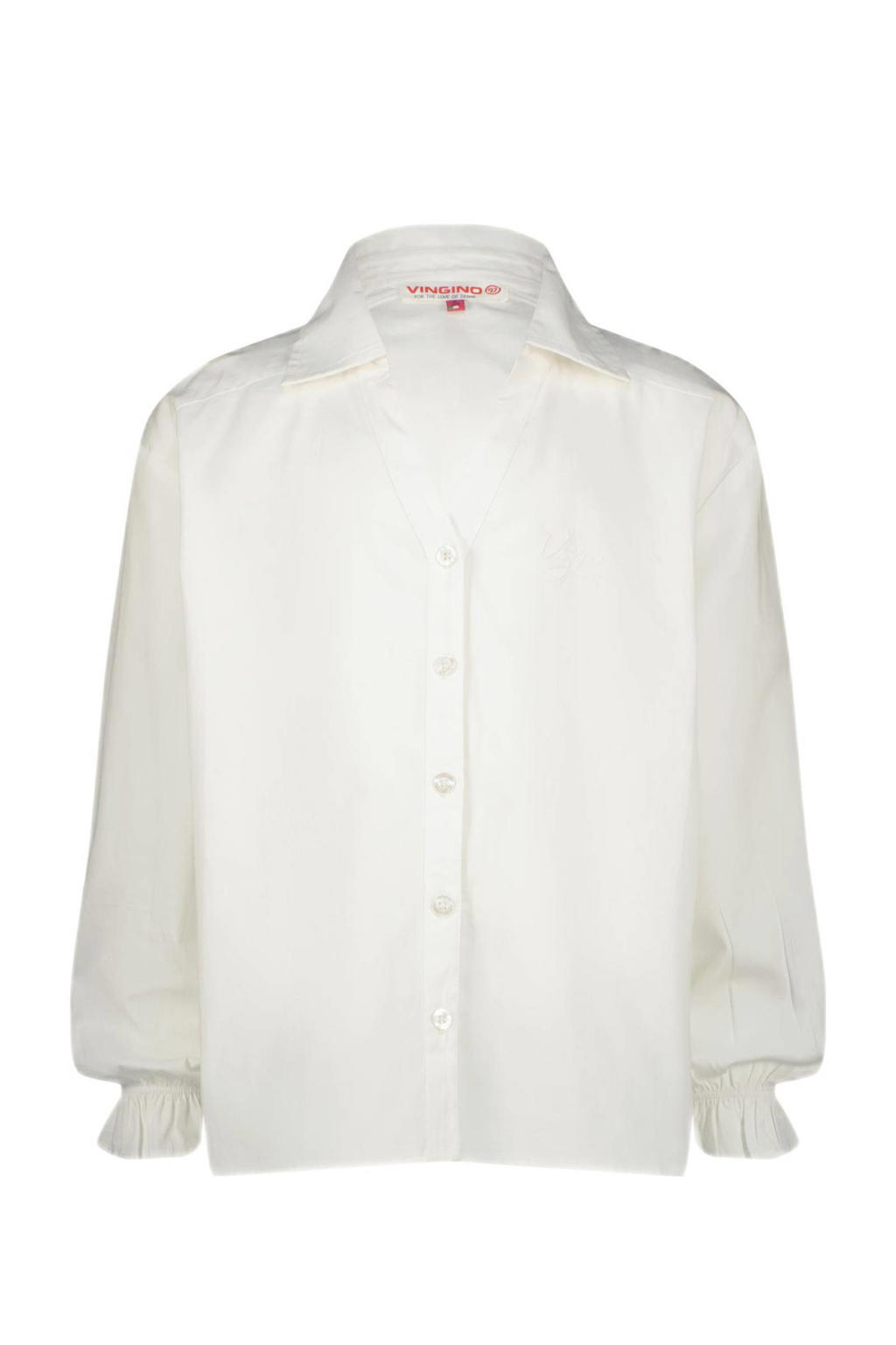 Witte meisjes Vingino blouse Lolely van katoen met effen, lange mouwen, button down sluiting, knoopsluiting en ruches