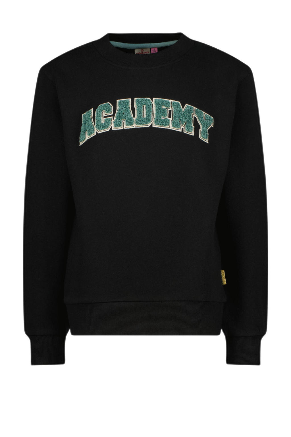 Zwarte meisjes Vingino sweater Nousha en 3D applicatie met tekst print, lange mouwen en ronde hals