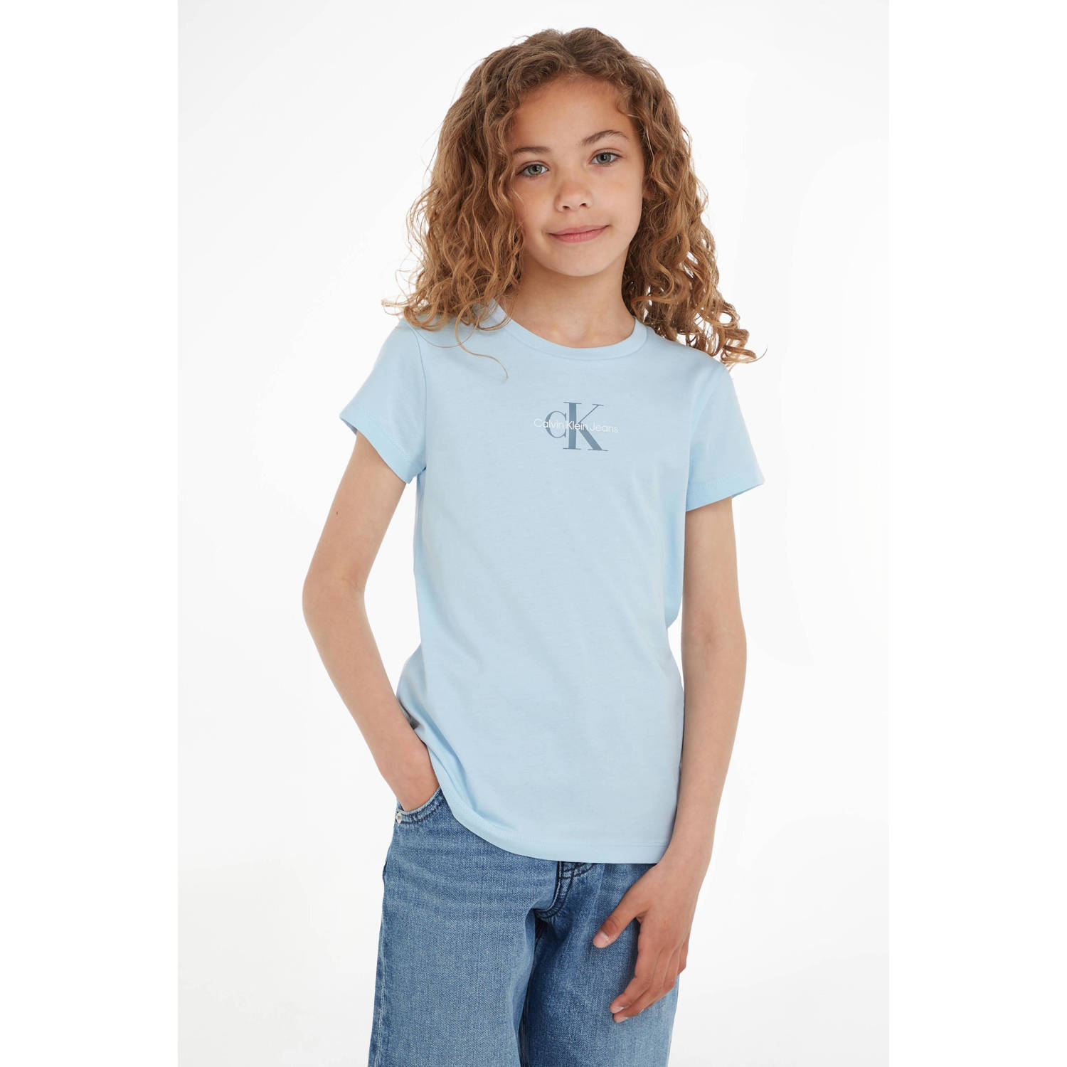Calvin Klein Jeans T-shirt met logo lichtblauw Meisjes Katoen Ronde hals 128