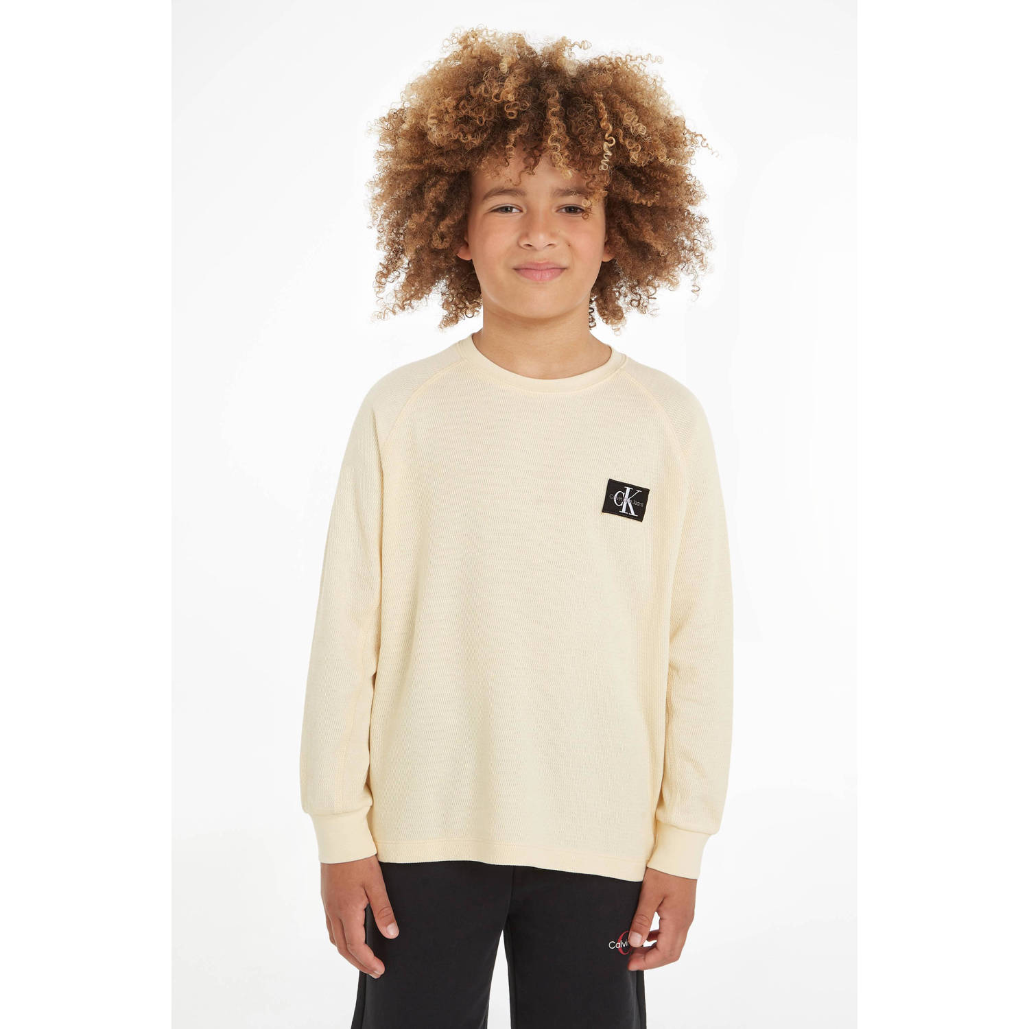 Calvin Klein longsleeve met logo beige Jongens Katoen Ronde hals Logo 152