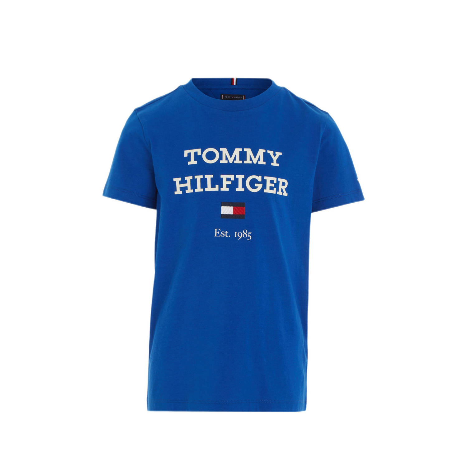 Tommy Hilfiger T-shirt met tekst helderblauw Jongens Katoen Ronde hals 104