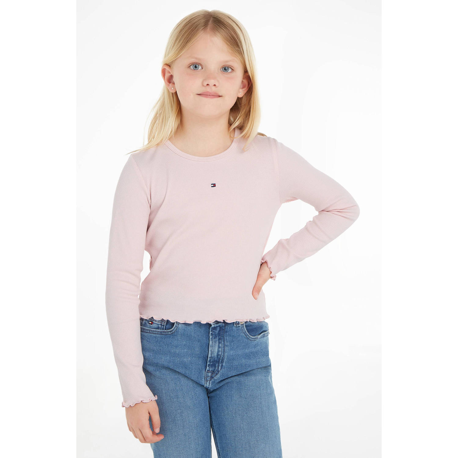 Tommy Hilfiger ribgebreide longsleeve met logo lichtroze