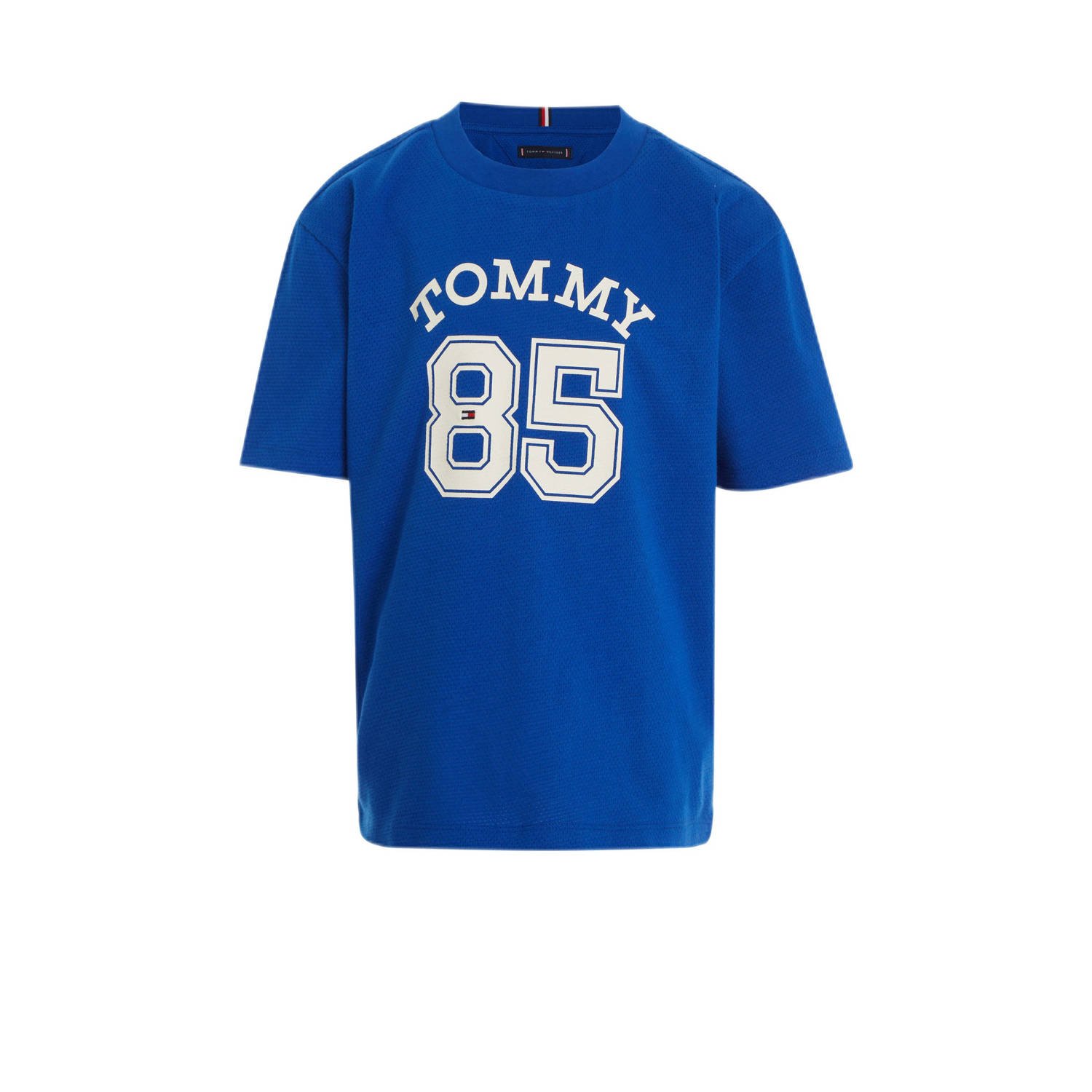 Tommy Hilfiger T-shirt met tekst helderblauw wit Jongens Katoen Ronde hals 104