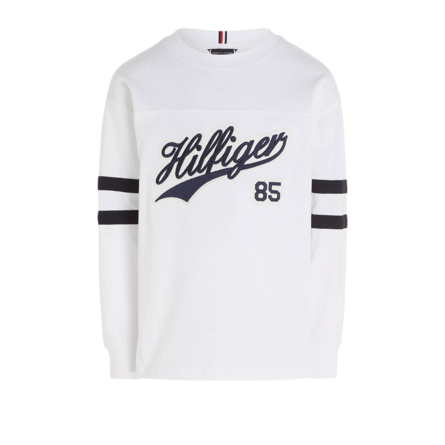 Tommy Hilfiger longsleeve met tekst en 3D applicatie wit donkerblauw Jongens Katoen Ronde hals 104