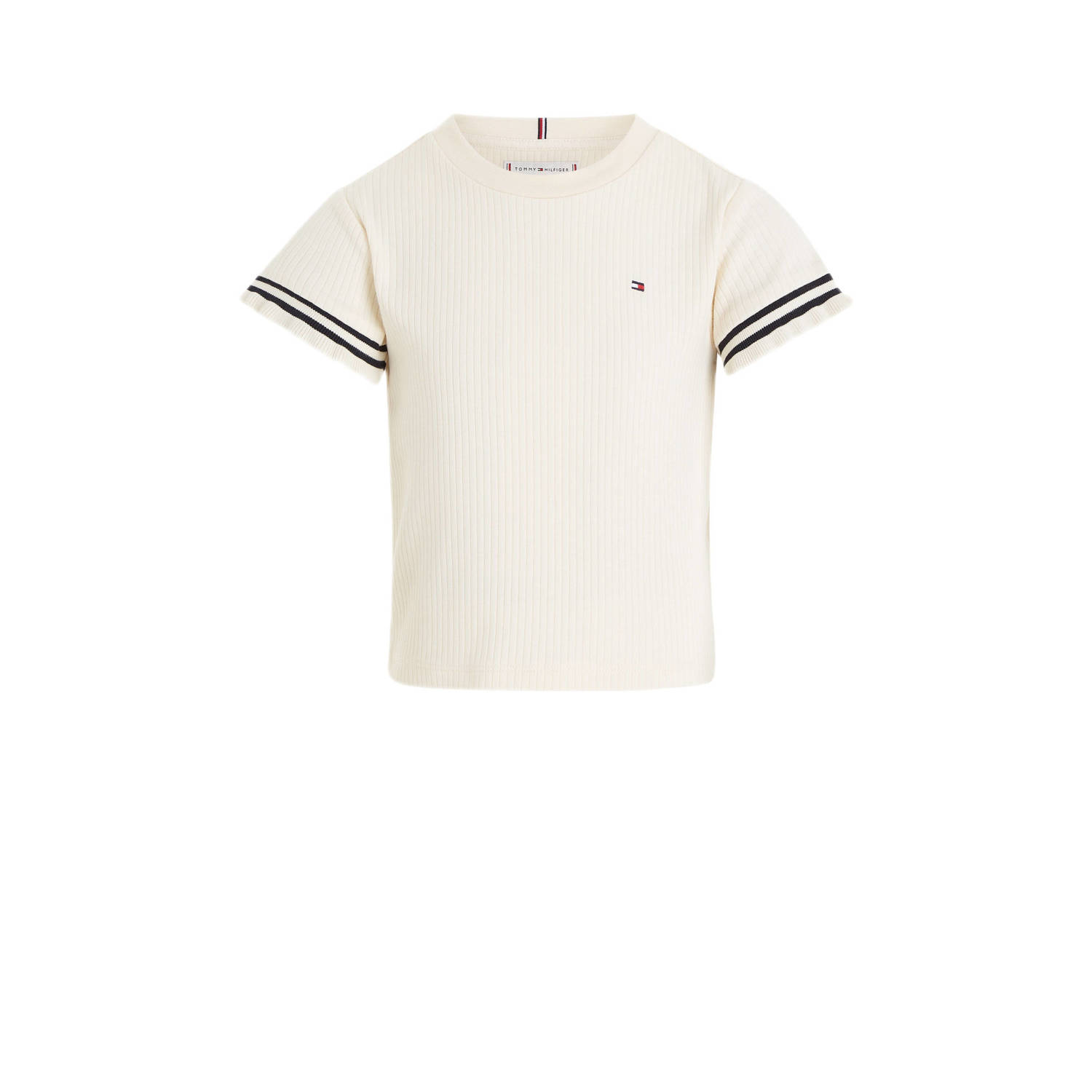 Tommy Hilfiger ribgebreid T-shirt met logo ecru Meisjes Katoen Ronde hals 110