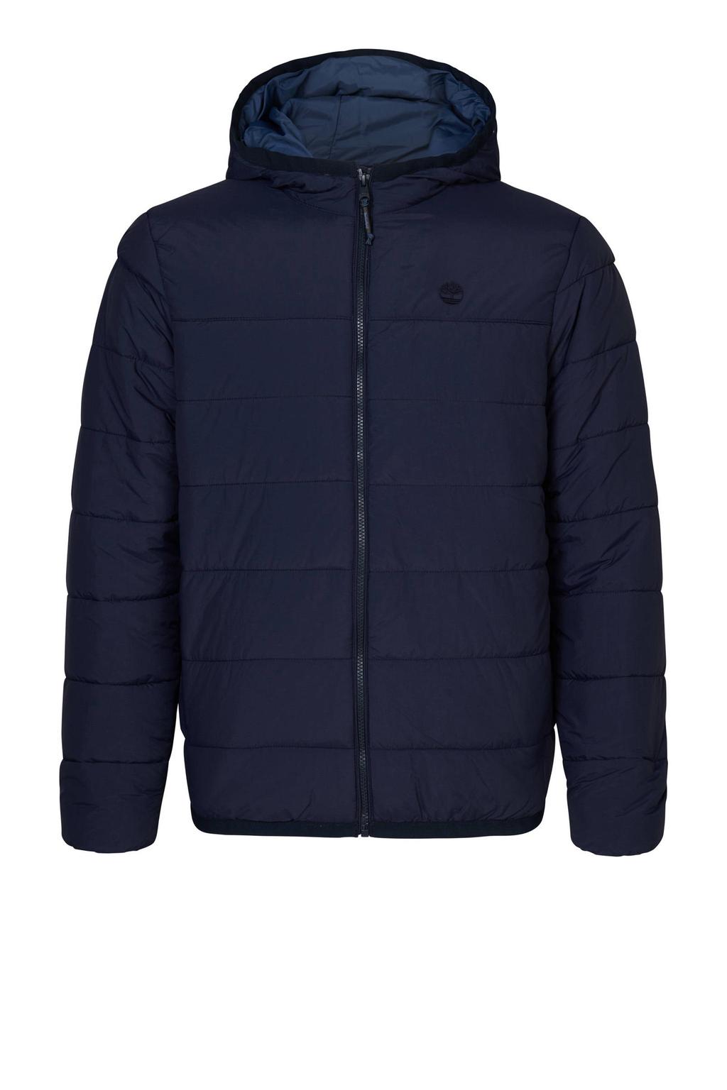 Donkerblauwe heren Timberland gewatteerde jas Garfield van polyamide met logo dessin, lange mouwen, capuchon en ritssluiting