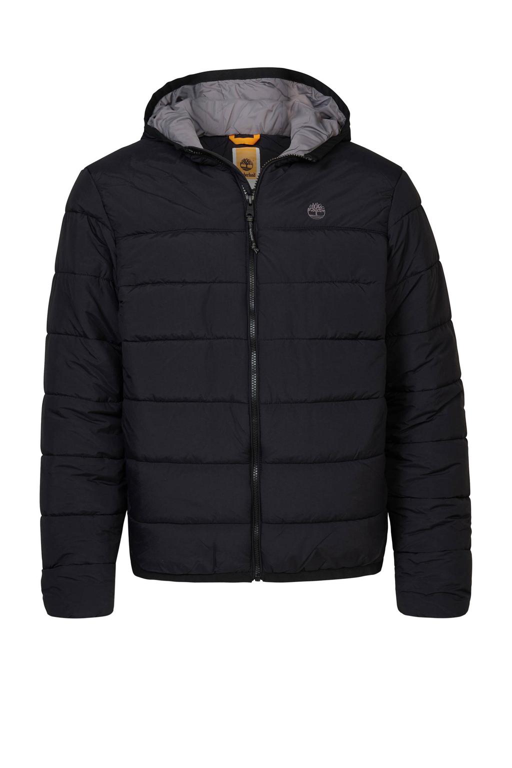 Zwarte heren Timberland jas Garfield van gerecycled polyamide met logo dessin, lange mouwen, capuchon, ritssluiting en elastische boord