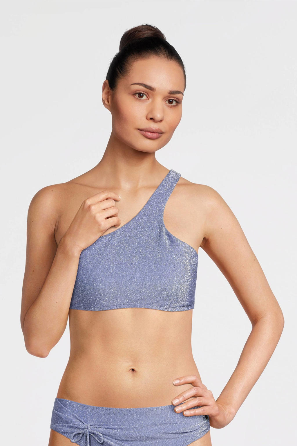 Beachlife voorgevormde one shoulder bikinitop met lurex lichtblauw