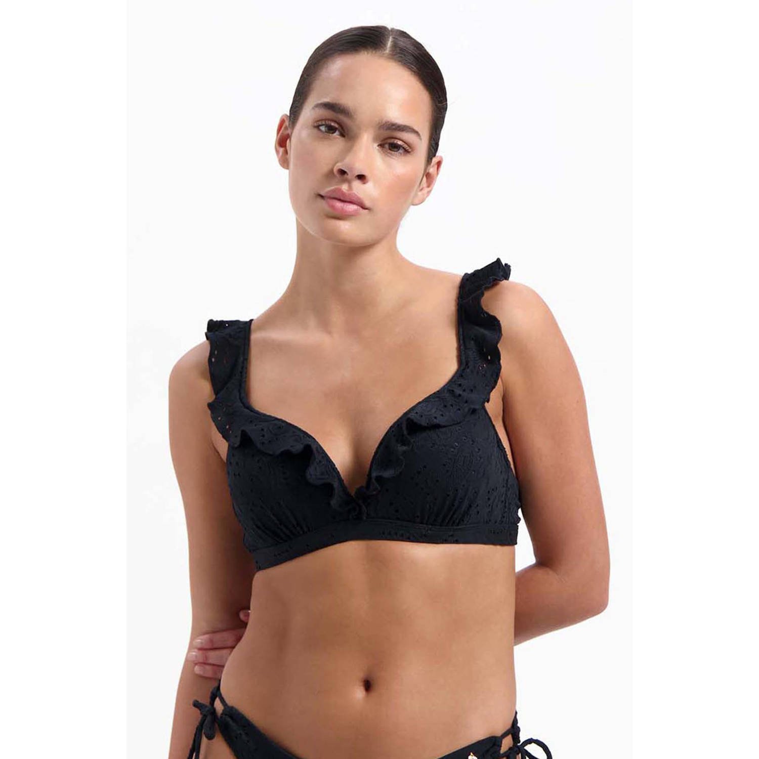 Beachlife voorgevormde broderie anglaise beugel bikinitop met ruches zwart