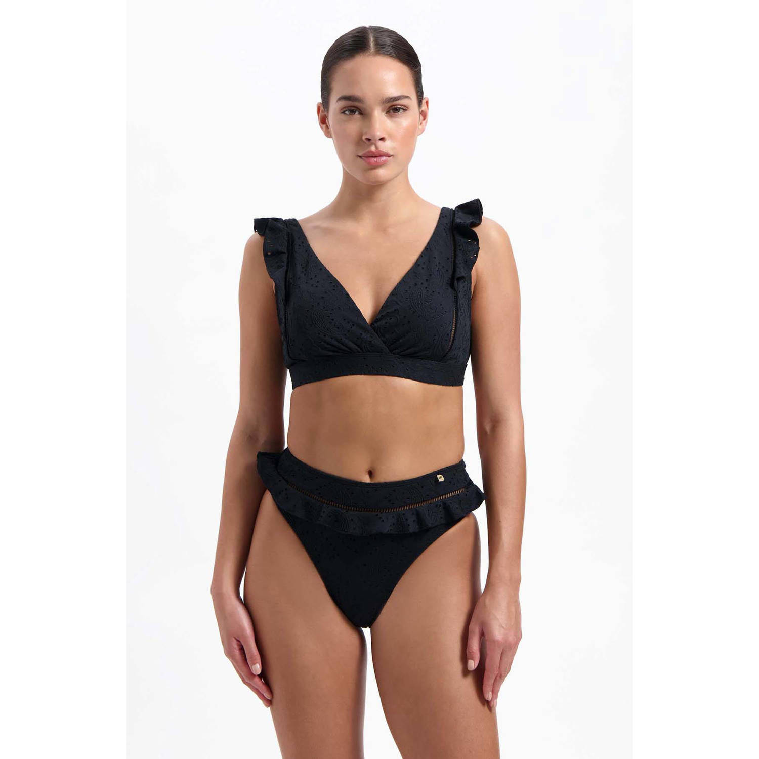 Beachlife high waist broderie anglaise bikinibroekje met ruches zwart