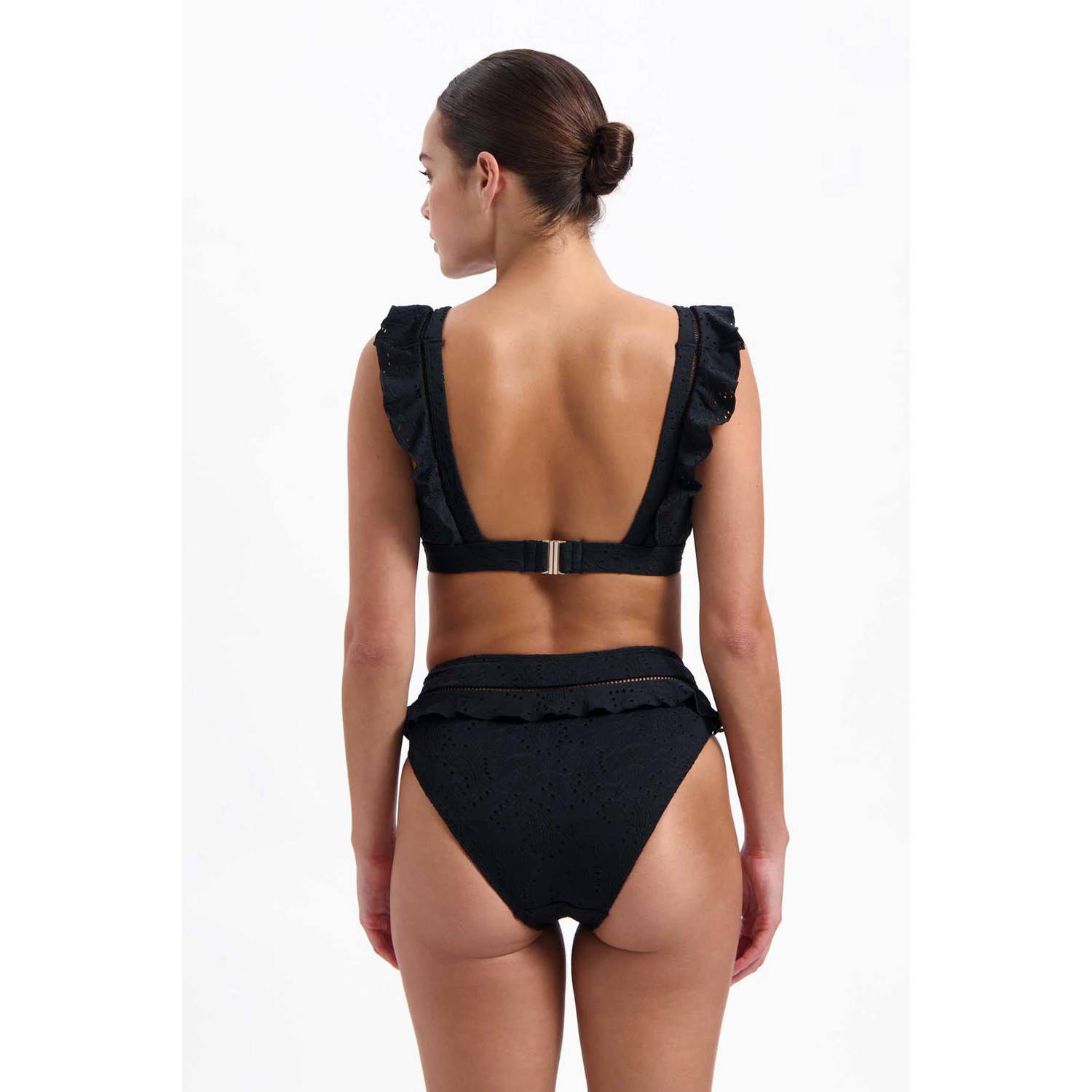 Beachlife high waist broderie anglaise bikinibroekje met ruches zwart