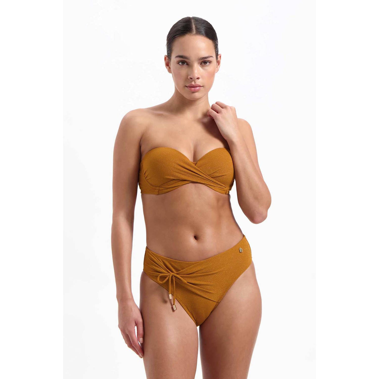 Beachlife voorgevormde strapless bandeau bikinitop met textuur oker
